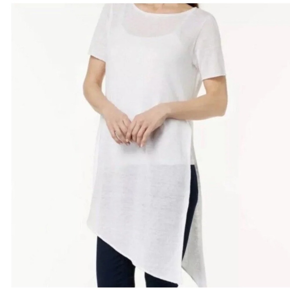 Eileen Fisher Organic Linen Knit Asymmetrical Tunic Top White Large NEW